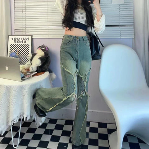 Sonicelife New high street women clothing bow raw edge strap micro-flare jeans women Y2k retro high waist Korean version trendy pants