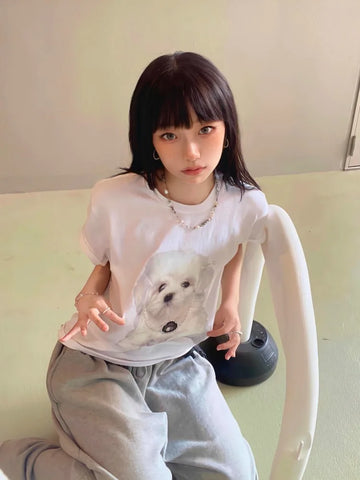 Back To School Sonicelife Kawaii Dog Print T-shirts Women Funny Graphic White Tees Short Sleeve Top Korean Fashion Casual Aesthetic Cotton Clothes