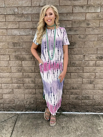 Sonicelife Summer new casual long skirt, round neck, short sleeves, loose tie-dye printed pocket dress for women