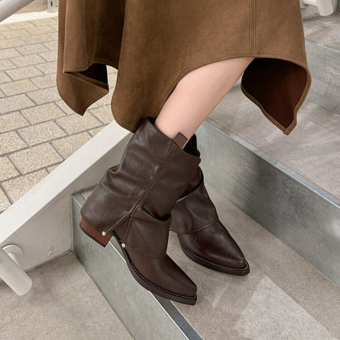 Sonicelife NEW Autumn Women Boots Split Leather Shoes for Women Pointed Toe Chunky Heel Shoes Slip-on Short Boots Retro Rivet Pants Boots