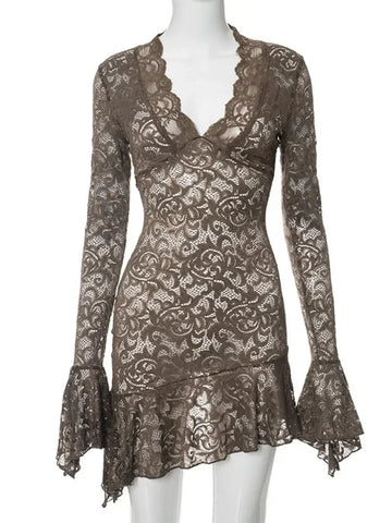 Sonicelife hoco dresses-Women's V-neck Flare Sleeve Irregular Lace Dress 2024 Fashion Sexy High Waist Tunics Slim Short Party Dresses Night Club Outfit
