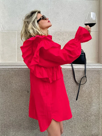 Sonicelife hoco dresses 2024 Winter Spring Women Solid Red Mini Shirt Dress Office Ladies Ruffles Long Sleeve Loose Fit Dress For Women