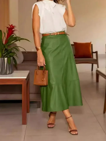 Sonicelife Women Skirt Sets Long Skirts High Waist Sleeveless Stand Collar Shirts Solid Slim Fit Pocket A Line Elegant Summer 2024