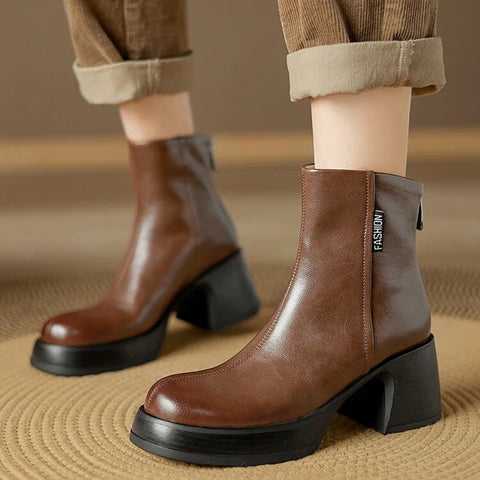 Sonicelife NEW Autumn Women Boots Split Leather Shoes for Women Round Toe Chunky Heel Shoes Casual Platform Modern Boots Zipper Ankle Boots