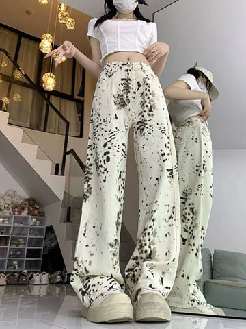 Sonicelife American Retro Leopard Print Jeans for Women Y2k E-Girl High Waist Straight Trousers 2024 Summer New Loose Wide Leg Pants