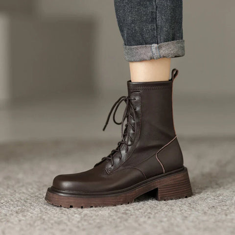 Sonicelife NEW Fall Shoes Women Stretch Fabric Split Leather Boots Round Toe Chunky Heel Boots for Women Platform Boots Women Modern Boots