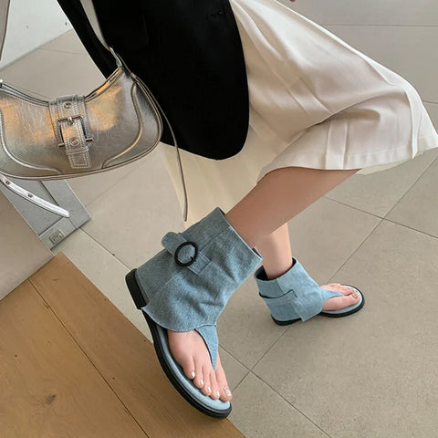 Sonicelife NEW Summer Boots Open Toe Low Heel Women Sandals Cotton Fabric Shoes for Women Pinch Toe Cool Boots Casual Belt Buckle Shoes