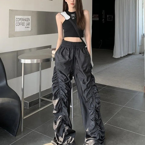 Sonicelife Street Vintage Ruched Black Cargo Pants 2024 Summer New Straight Wide Leg  Y2k E-Girl High Wiast Loose Trousers Women