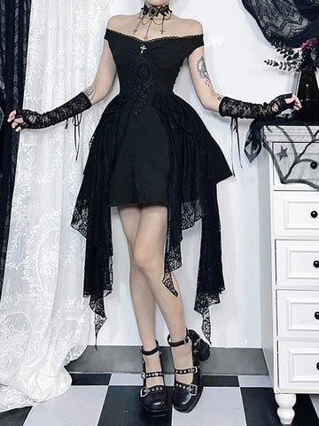 Sonicelife Women's Gothic Dress Short New Fashion Diablo Style Music Festival Flutter Belt Splicing Design Lace Shrink Puffy Hem Dresses