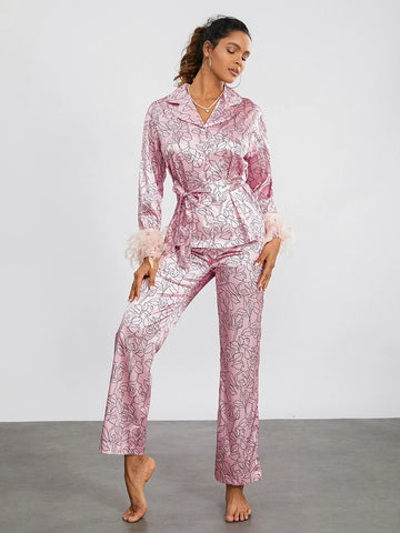 Sonicelife Women’s Pajama Sets Floral Print Satin Lounge Wear Outfit Spring Summer Feathers Trim Long Sleeve Kimono Robe Tops+Pants