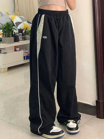 Sonicelife-Y2k Women Wide Leg Cargo Pants Casual Streetwear Loose Drawstring Trousers Drawstring Sweatpants Female Vintage Baggy Joggers