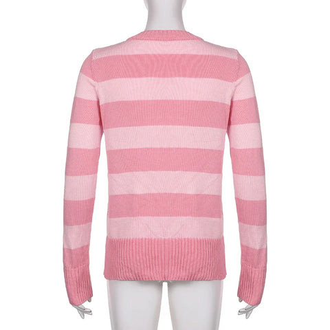 Sonicelife Sweet Cute Pink Striped Long Sleeve Slim Fit Sweaters Preppy Button Up Knitted Cardigans Women Autumn Spring Knitwear Coat Tops