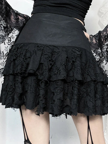 Sonicelife Women's Gothic Halter Monochrome Dark Style Music Festival Party Hole Fabric Characteristic Design Cake Skirt Short Dress