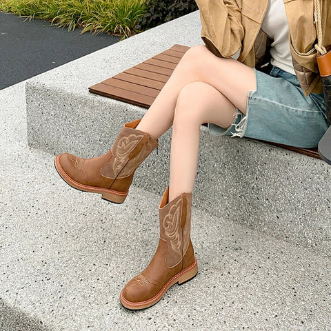 Sonicelife NEW Autumn Women Boots Split Leather Shoes for Women Round Toe Low Heel Shoes Casual Embroider Zipper Short Boots Western Boots