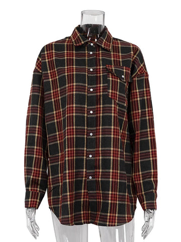 Sonicelife 2024 Vintage Oversized Thick Plaid Shirt Classic Long Sleeve Loose Fit Blouse For Women Autumn Winter