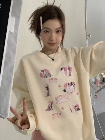 Back To School Sonicelife Cute Dog Print Hoodies Women Kawaii Cat Graphic Long Sleeve Oversized Sweatshirt  Pullover Harajuku Y2k Cutecore Clothes