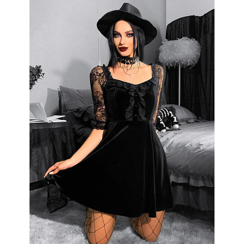 Sonicelife Women's Gothic Directional Design Dress 2024 New Dark Style Lace Splicing Lace Short Women's Dresses