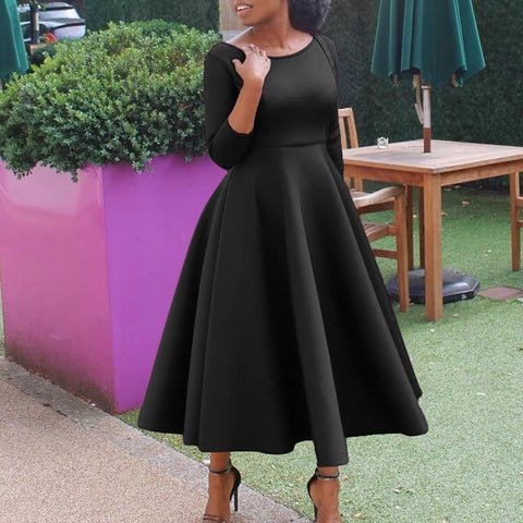 Sonicelife Party Dress Women Temperament Evening Dresses Solid Color A Line Round Collar Tight Waist Gown 2024 Autumn Elegant Vestidos
