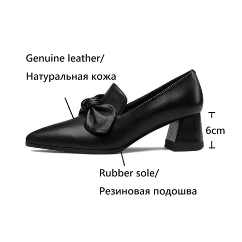 Sonicelife NEW Spring/Autumn Women Pumps Genuine Leather Shoes for Women Pointed Toe Chunky Heel Shoes Concise Butterfly-knot Modern Shoes