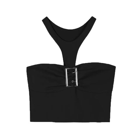 Sonicelife-Sexy Tops Women Sleeveless Short Crop Top Ladies Vest Summer Casual Tank Top Metal Buckle Tube Camisole Female Black Y2k Clothin