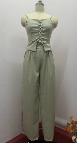 Sonicelife Women Two Pieces Spliced Pullover Tops Pant Sets Ankle Length Wide Leg Pants Pockets Sexy Solid Matching Sets Basics Loose