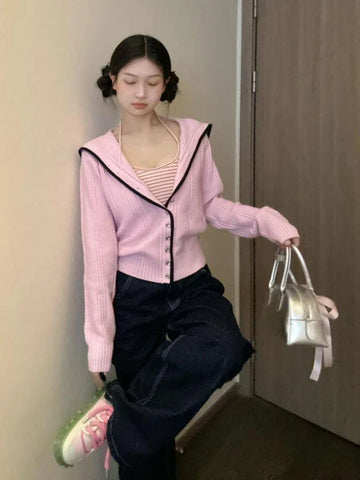 Black Friday Sonicelife Y2k Pink Knitted Cardigan Sailor Collar Long Sleeve Sweater Women Korean Fashion Preppy Style Autumn Winter Cute Clothes