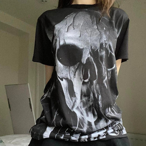 Sonicelife Y2K Emo Vintage Mall Goth Graphic Crop Tops 00s Retro Skull Print Loose T-shirt Cyber Grunge Short Sleeve Tee Hip Hop Punk Women