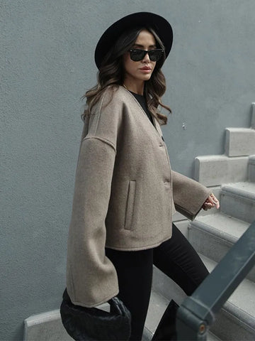 Back To School Sonicelife 2024 Autumn Winter Grey V-neck Solid Warm Coat  Women Elegant Button Long Sleeve Loose Jacket Female High Street Outerwear