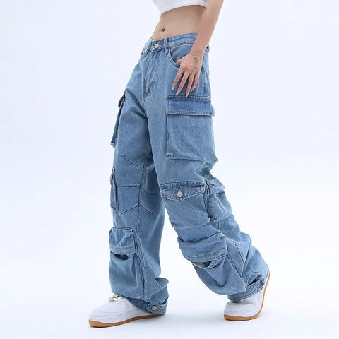 Sonicelife Y2K New Multi-Pocket Heavy Industry High-Quality Best-Selling Jeans Women Street Hip-Hop Straight High Waist Wide-Leg Pants 2023