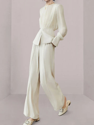 Sonicelife Long Sleeve Top with Wide Leg Trousers Semi-Formal Ivory Suit