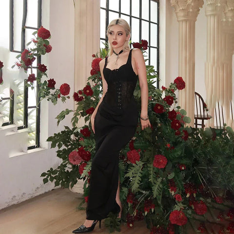 Sonicelife Women's Summer 2024 New Sexy Spice Girls Long Dress Temperament Slim Vest Lace Splicing Tie Dress Women
