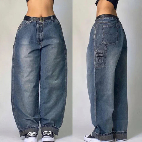 Sonicelife Y2K New Fashion Harajuku Washed Big Pocket Baggy Women Jeans Street Retro Gothic Punk Style Casual High Waist Wide Trousers