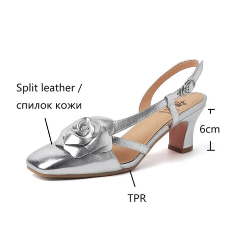 Sonicelife NEW Summer Women Sandals Square Toe High Heel Women Shoes Split Leather Shoes for Women Elegant Beige Flowers Cover Heel Sandals