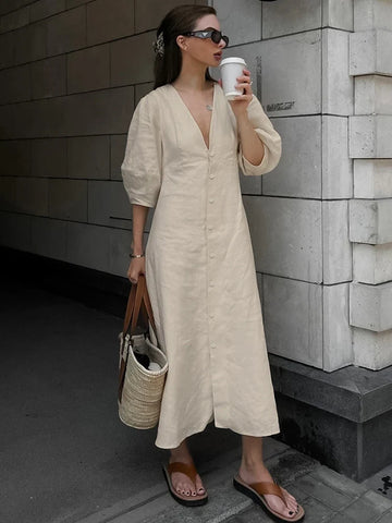 Sonicelife Summer Autumn Solid Khaki Linen Holiday Shirt Dress V-neck Short Sleeve Midi Dress For Women