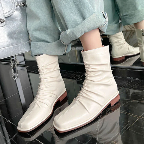 Sonicelife NEW Autumn Women Boots Square Toe Low Heel Ankle Boots Women Microfiber Shoes for Women Slip-on Black Boots Pleated Ladies Shoes