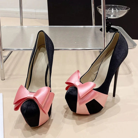 Sonicelife- Fashion Design Bowknot Round Toe Platform Pumps Women Wedding Banquet Shoes Sexy Stripper Pole Dance High Heels Black Pink