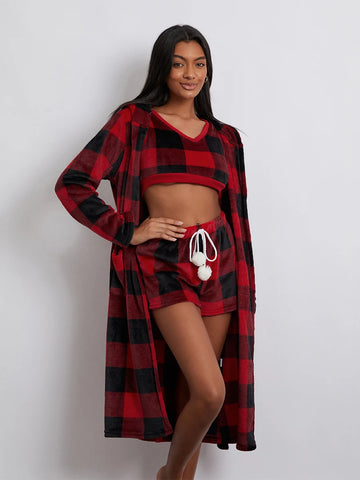 Sonicelife Fall Winter Plaids 3 Piece Pajamas Sets Women’s Warm Loungewear Sleeveless Straps Crop Tank Tops+Shorts+Long Sleeve Robe