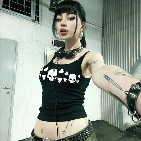 Sonicelife Y2K Cyber Edgy Techno Tank Vest E girl Gothic Skull Print Black Camisole Vintage Dark Academia Grunge Sleeveless Crop Tops Women