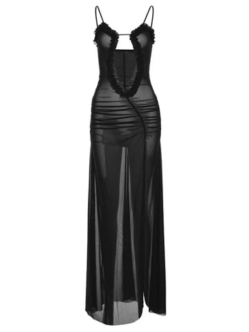 Sonicelife-Sexy Women Sleeveless Printed Hollow Out Long Maxi Mesh Dress Streetwear Elegant High Waist Split Backless Party Slip Dresses