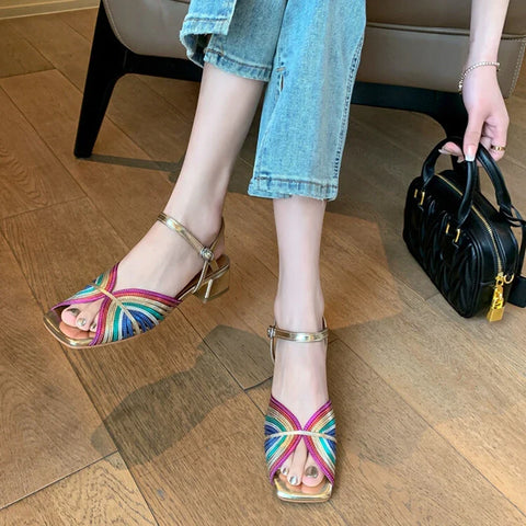 Sonicelife Summer Women Sandals Split Leather Shoes for Women Square Toe Chunky Heel Shoes Fashion Narrow Band Sandals Solid Handmade Shoes