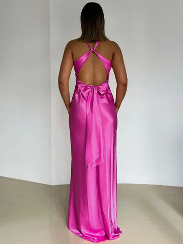 Sonicelife Satin Bow Backless Sexy Maxi Dress For Women Gown Fashion V Neck Sleeveless Club Party Evening Dress Elegant