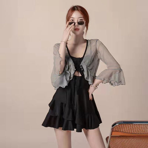 Sonicelife 3 Piece Bikini Set Korean 2024 Cute Swimsuit Women Underwire Ruffle A-Line Skirt High Waist Bikini Cover Up See Through Bikinis