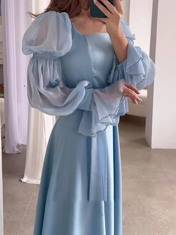 Sonicelife Eid women Party Dress woman Sweet Puff Sleeve Long Dress Square Collar Vestidos Largo Ramadan Abayas Dubai Arab Long Robe 2024