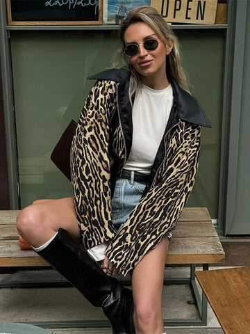 Back To School Sonicelife Vintage Leopard Print Lapel Women's Jacket Fashion Zipper Long Sleeved Casual Outerwear 2024 Ladies High Street Warm Coats