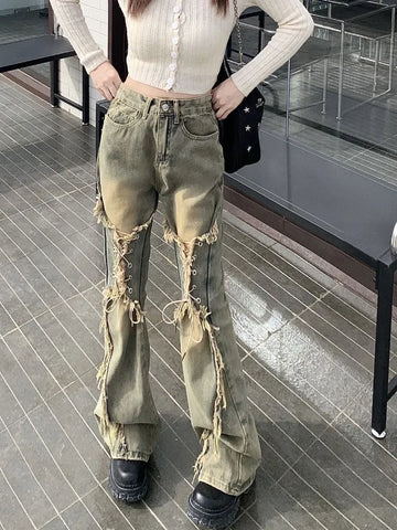 Sonicelife Oversize American Retro Straight Casual Pants Y2k Grunge High Waist Loose Wide Leg  2024 New Bell Bottom Jeans Women