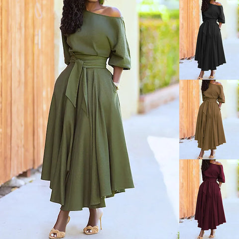 Sonicelife Inclined Shoulder Women Dress Ankle Length Party Dresses Solid Spliced Sashes Vestidos Loose Fit 2024 Pockets Basics Casual