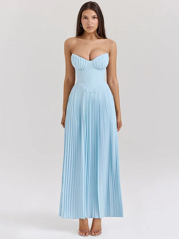 Sonicelife Off-shoulder Backless Pleated Maxi Dress For Women Fashion Strapless Sleeveless High Waist Bodycon Sexy Long Dress