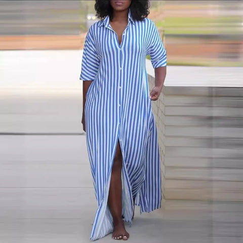 Sonicelife Striped Blouses Dresses Single Breasted Turn Down Collar Women Ankle Length Dress Button High Street Loose Fit Summer 2024