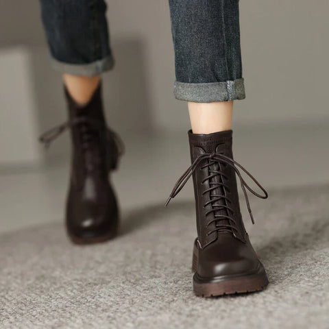 Sonicelife NEW Fall Shoes Women Stretch Fabric Split Leather Boots Round Toe Chunky Heel Boots for Women Platform Boots Women Modern Boots