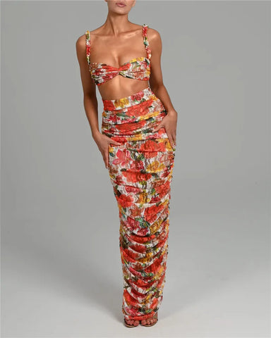 Sonicelife Floral Spaghetti Straps Bra Top and Skirt Set
